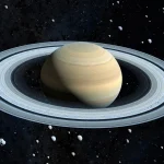 Saturn with its rings surrounded by many small moons in space