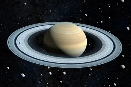 Saturn with its rings surrounded by many small moons in space