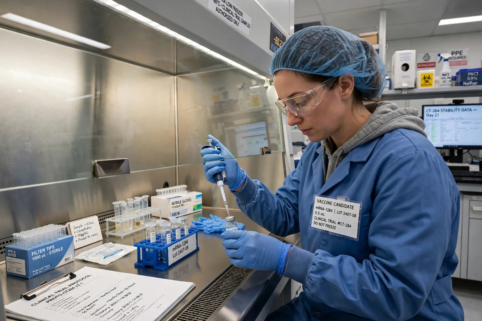 Clinician preparing a vaccine in a hospital research setting