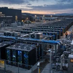 Large AI data center with rows of servers and cooling infrastructure