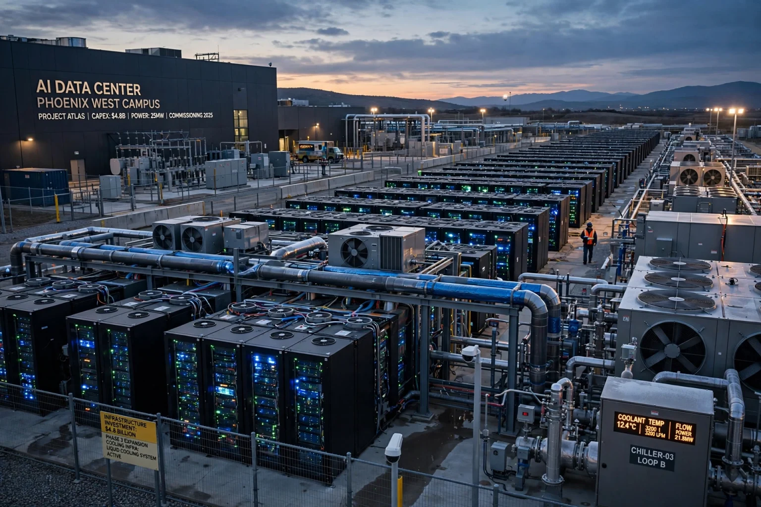 Large AI data center with rows of servers and cooling infrastructure