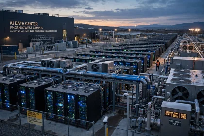 Large AI data center with rows of servers and cooling infrastructure