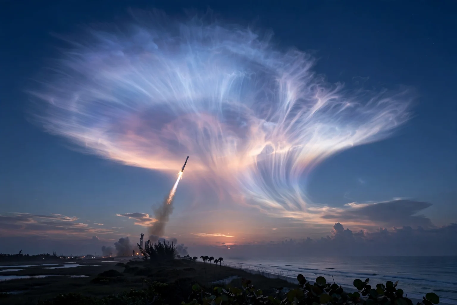 SpaceX rocket launch creating a glowing jellyfish cloud in the twilight sky
